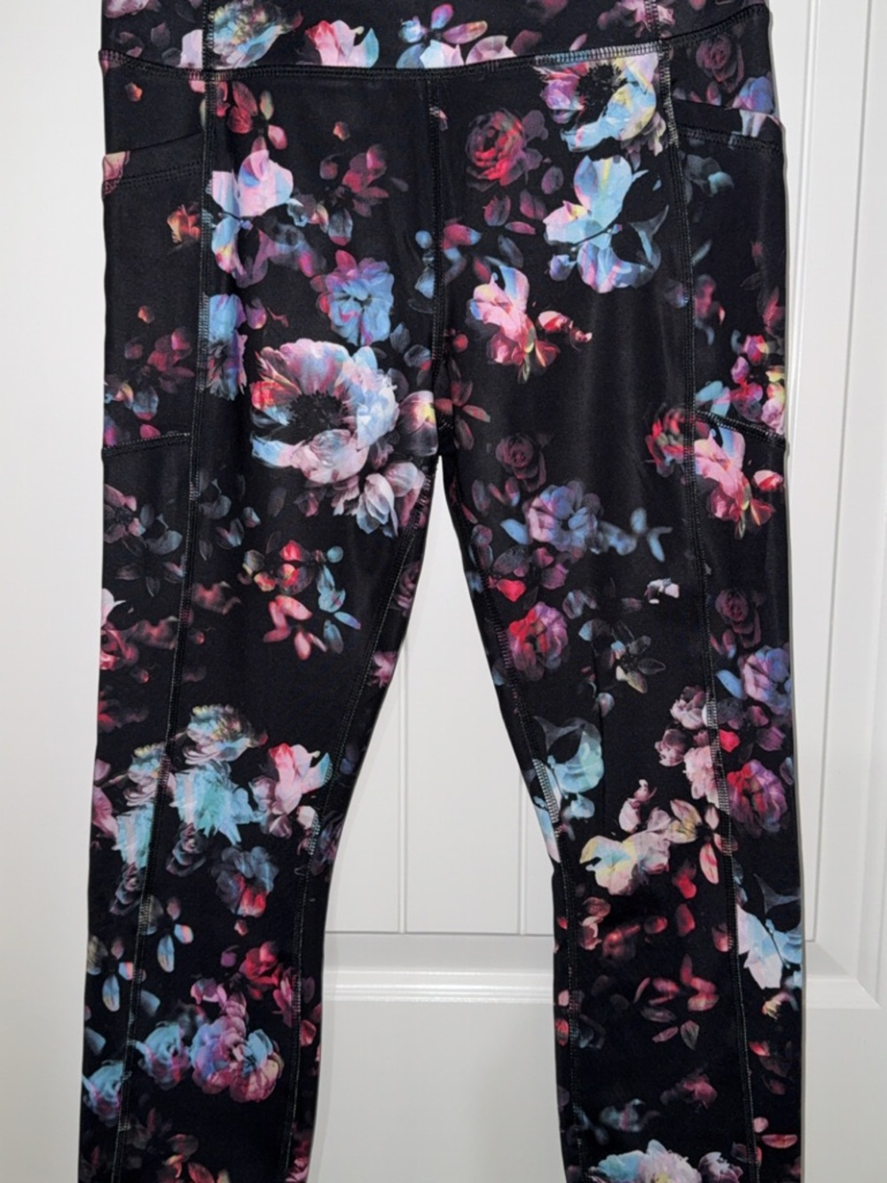 Avia Black Floral Performance Leggings with Pink & Blue Accents